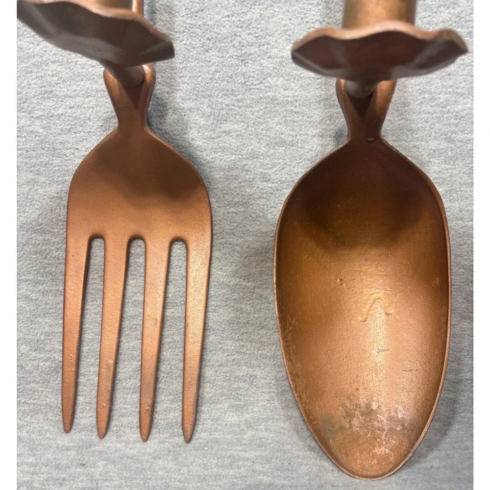 Vtg Oversized Copper Color Fork Spoon Wall Decor Taper Candle Holder Set‎ 20in